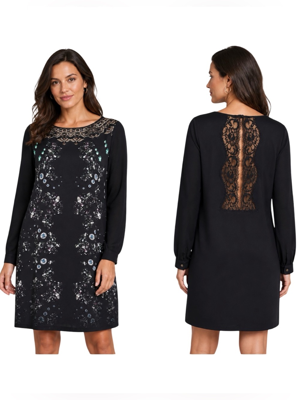 ZARA NWT Black Jewel Long Sleeve Moroccan Lace Open Back Dress Size Medium